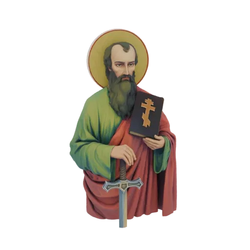 3D model bust of Saint Paul, a bearded man with a halo, holding a book and a sword.