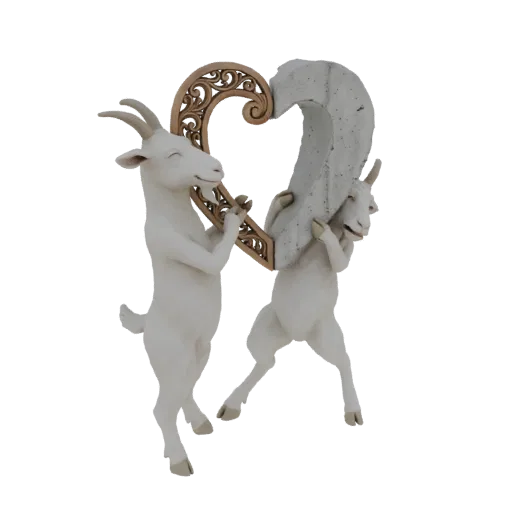 3D model of two white goats joyfully holding a heart with a wooden frame and stone texture.