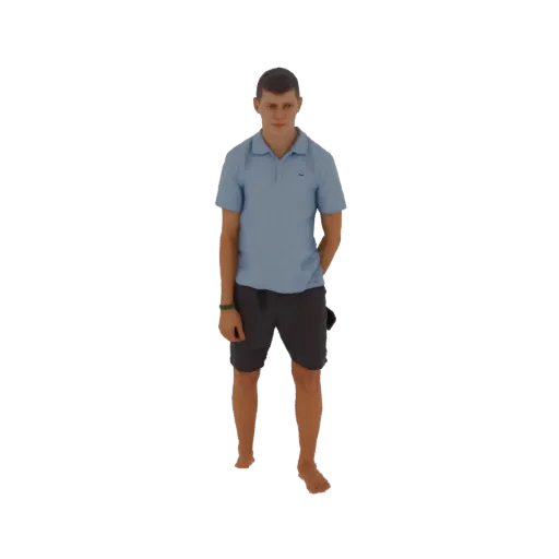 3D-Modell eines jungen Mannes in einem hellblauen Poloshirt und einer dunkelgrauen Shorts, stehend mit den Händen in den Tasc