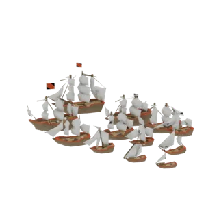 Uma renderização 3D de uma frota de galeões com velas brancas, vista de um ângulo ligeiramente elevado, contra um fundo branc