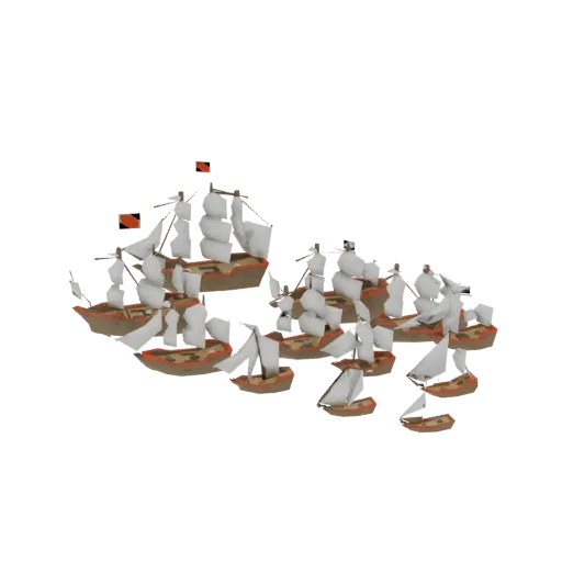 A 3D render of a fleet of galleons with white sails, viewed from a slightly elevated angle, against a white background.