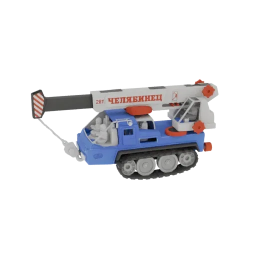 3D model of a blue and white Soviet-era truck crane with a red-striped boom and tracked base.