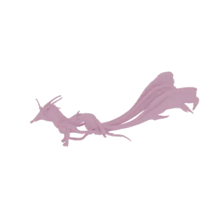 Una representación 3D de un dragón rosa estilizado con rasgos de zorro y nueve colas fluidas, sobre un fondo blanco.