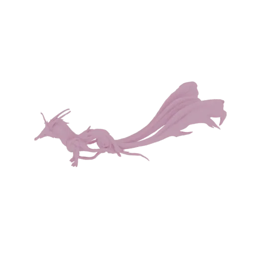 A 3D render of a stylized pink dragon with fox-like features and nine flowing tails, set against a white background.