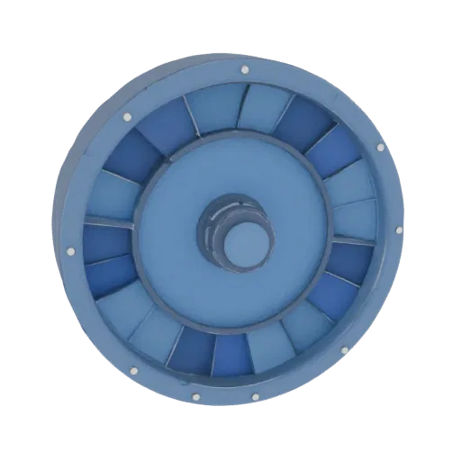 3D model of a futuristic fortune wheel with gradient blue sectors and a central hub on a black background.