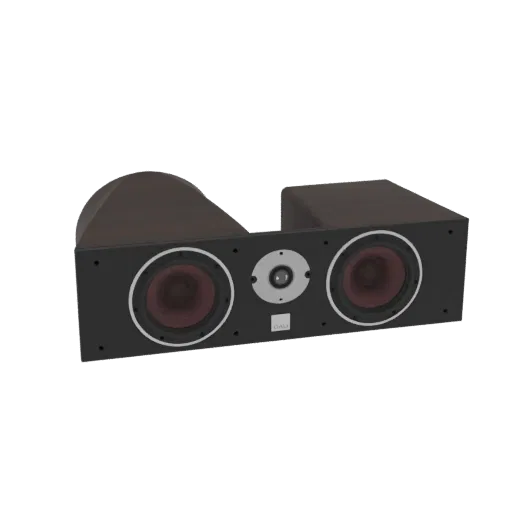 3D model of a DALI Oberon Vokal center channel speaker with a dark wood-grain cabinet and black front baffle featuring two re