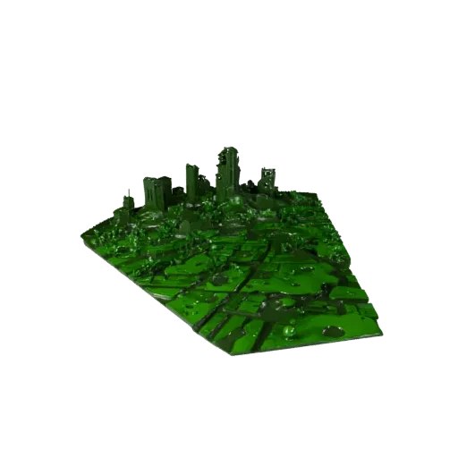Modelo 3D de Bioma de Cidade em Ruínas com Vegetação Exuberante, renderização estilizada de ambiente isométrico, mostrando ca