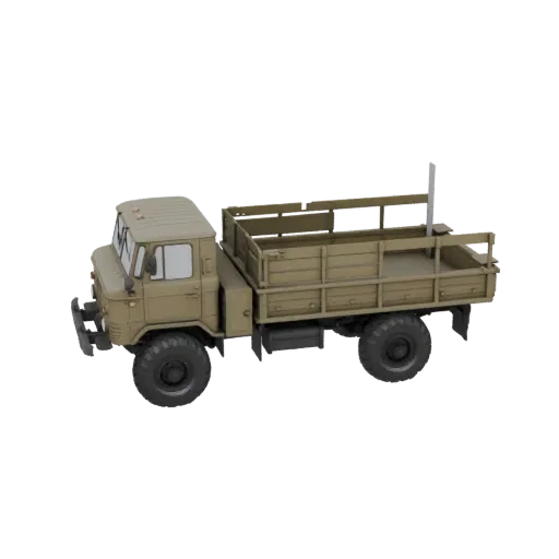 3D model of a tan GAZ-66 "Shishiga" military truck with an open cargo bed, viewed from the side.