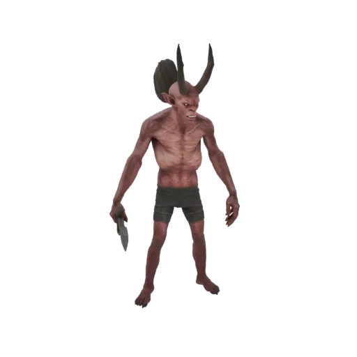 Modelo 3D de demonio delgado de piel roja con cuernos, sosteniendo un cuchillo, sobre fondo blanco.