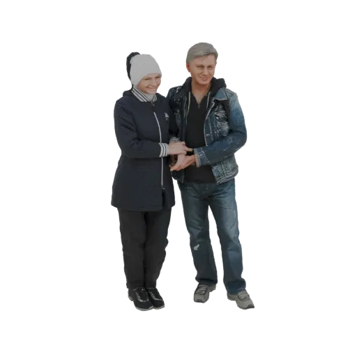 3D model of a smiling couple holding hands, dressed in winter jackets and hats, against a white background.
