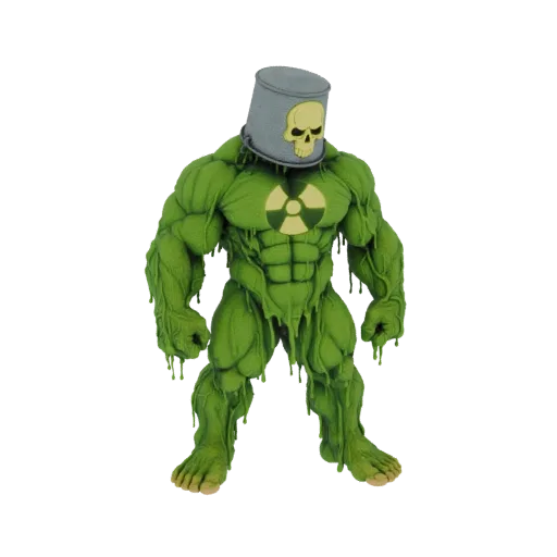 3D-Modell eines muskulösen grünen Schleimmonsters mit tropfendem Schleim, Radioaktivitätssymbol auf der Brust und Eimerkopf m
