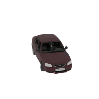 3D model of a maroon sedan with a visible license plate, shown from a slightly elevated front-left angle.