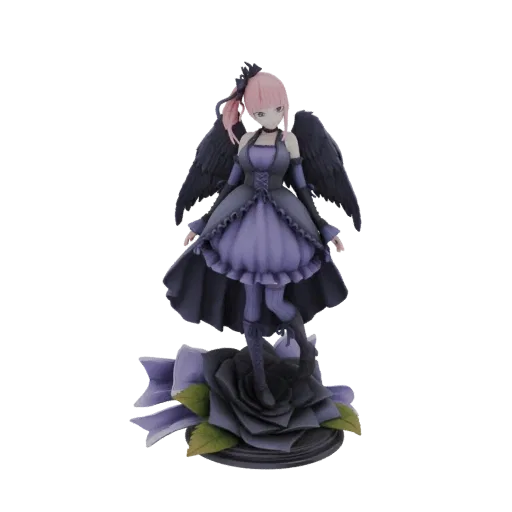 3D model of a gothic angel figurine with black wings, a purple dress, and a dark rose base.