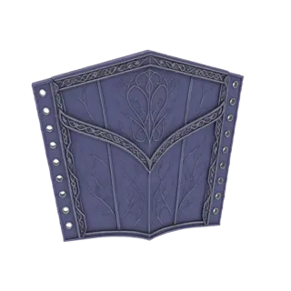 3D-Modell eines lila Elfen-Armschutzes mit filigranen silbernen Blatt- und Rankenverzierungen und seitlichen Ösen.