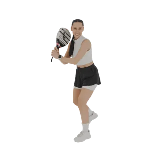 3D-Modell einer Frau, die Padel Tennis spielt, sportliche Kleidung trägt und einen Schläger hält, in einer dynamischen Pose.