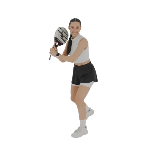 3D model of a woman playing padel tennis, wearing athletic clothing and holding a racket, in a dynamic pose.