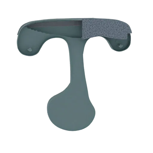 3D render of a teal-colored, T-shaped ergonomic grip with a textured gray surface on the top.