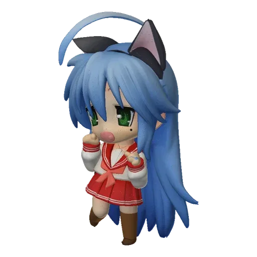 3D model of a cute chibi anime girl with blue hair, cat ears, and a school uniform, striking a playful pose.