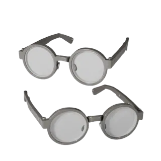 Round Reading Glasses Low Poly 3D model, game viewport three-quarter view, showing transparent lenses, face-worn scale.
