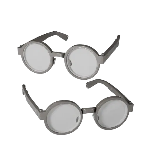 Round Reading Glasses Low Poly 3D model, game viewport three-quarter view, showing transparent lenses, face-worn scale.