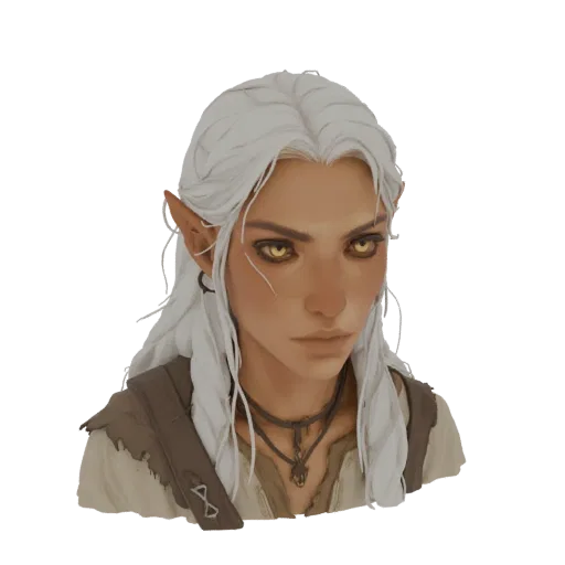 3D-Modell-Porträt einer Elfe mit weißen Haaren, goldenen Augen, trägt eine Weste und Halskette, blickt stoisch nach vorne.