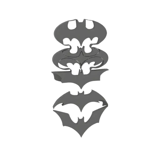 Uma renderização 3D de uma pilha de logos do Batman cinzas, um acima do outro, contra um fundo branco.