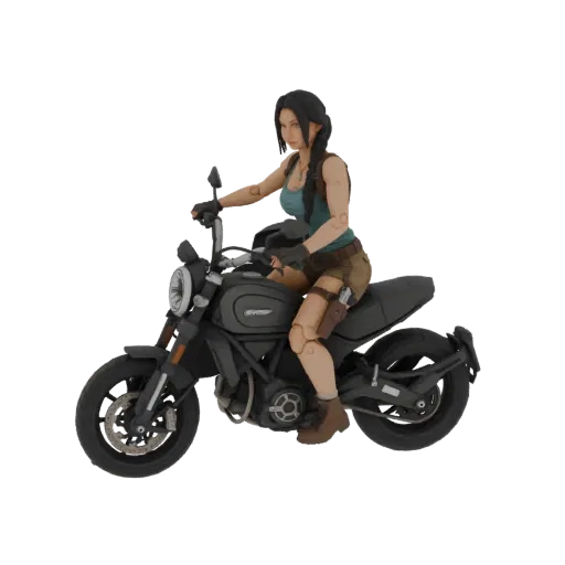 3D model of Lara Croft, the adventurer, riding a black motorcycle with a determined expression.