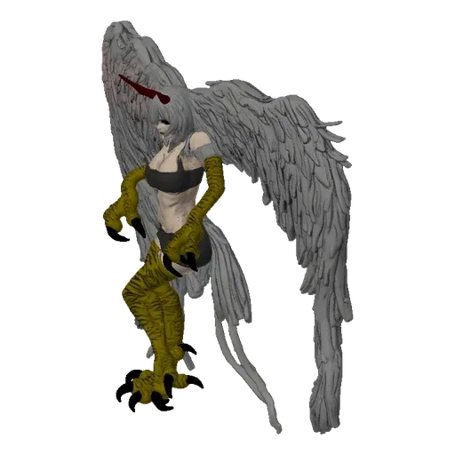 3D model of a Harpy creature with large grey feathered wings, yellow and black taloned legs, and a dark top.