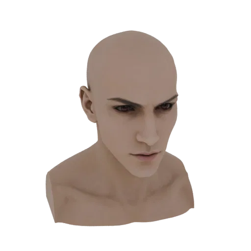 3D render of a bald man's head and shoulders bust with intense dark eyes and realistic skin texture.
