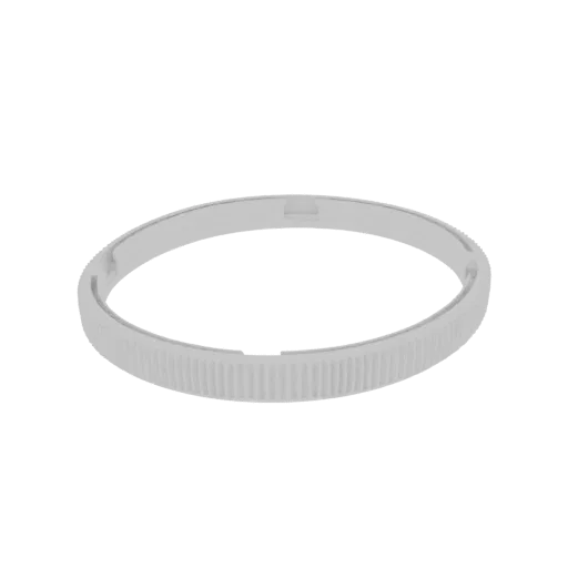 3D render of a white ring with a ribbed texture and a small gap or cutout on its surface.
