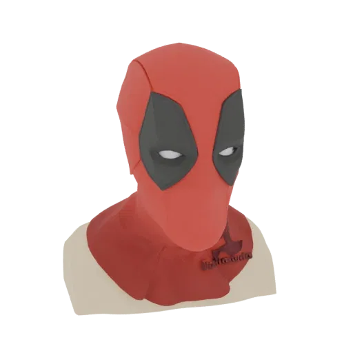 3D model render of a Deadpool mask bust, featuring the character's iconic red and black mask with white eye lenses.