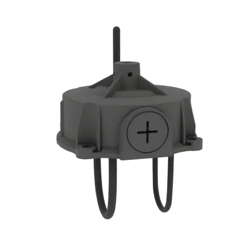 3D model of a gray industrial electrical junction box with a '+' symbol and U-shaped conduits.