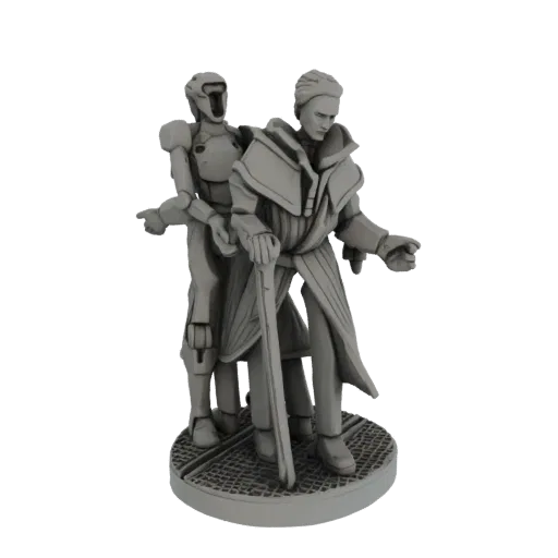 3D model of a sci-fi humanoid in robes with a robotic companion, standing on a textured base.