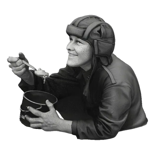 3D model of a tank crewman wearing a helmet, crouched and eating from a bucket with a spoon.