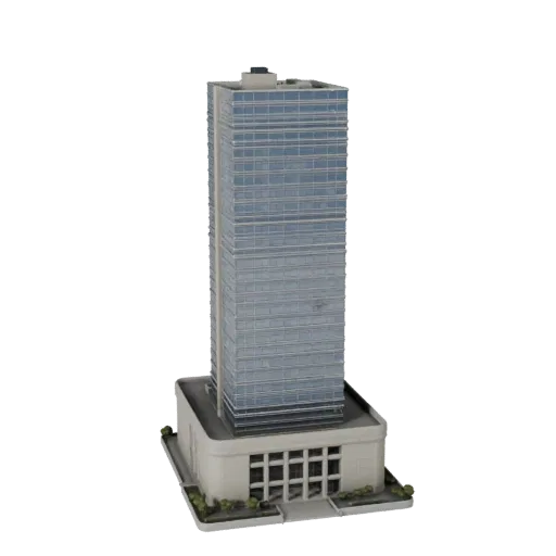 Office Tower Blender-ready 3D model, Blender studio render view, showing commercial office building materials and architectural detail