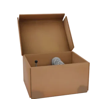3D-Rendering einer offenen Kartonbox mit einer weißen Spiralfeder und einem schwarzen Stab darin, vor weißem Hintergrund.