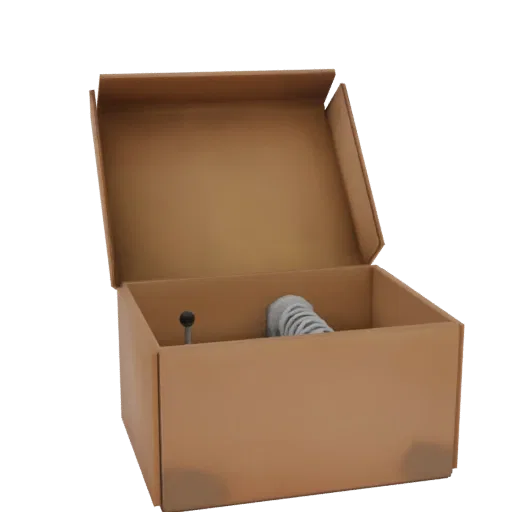 3D render of an open cardboard box with a white coiled spring and a black rod inside, against a white background.
