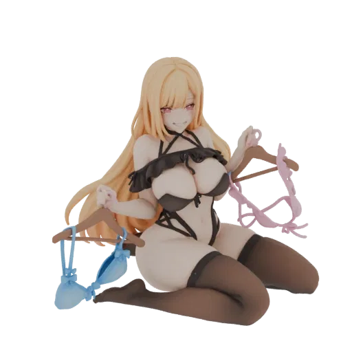 3D-Modell eines Anime-Mädchens mit blonden Haaren, in schwarzer Lingerie, das Kleiderbügel mit blauem und pinkem BH hält.