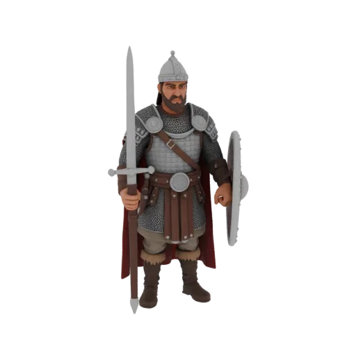 3D model of a medieval knight in full armor, holding a longsword and a round shield, against a white background.