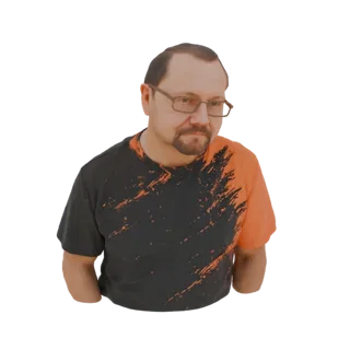 3D-Modell eines Mannes mit Brille und einem schwarzen T-Shirt mit orangefarbenem Spritzer-Design, der leicht zur Seite blickt