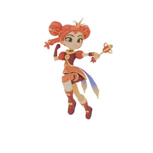 3D-Modell eines fröhlichen magischen Mädchens mit orangenem Haar, buntem Outfit und goldenem Zauberstab.