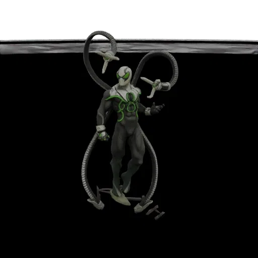 3D model of Spider-Man in his Advanced Suit, with white and green accents, and four mechanical tentacles extending from his b