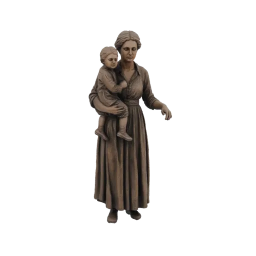 3D model of a bronze statue of a mother holding her child, rendered with realistic detail and a warm patina.