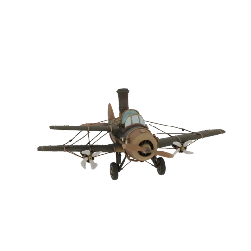 A 3D render of a steampunk biplane with twin propellers, intricate wire rigging, and a weathered brown and brass finish, set