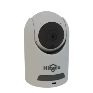 3D model of a white Hiseeu security camera with a black lens and logo