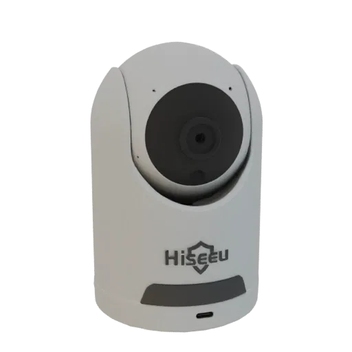 3D model of a white Hiseeu security camera with a black lens and logo