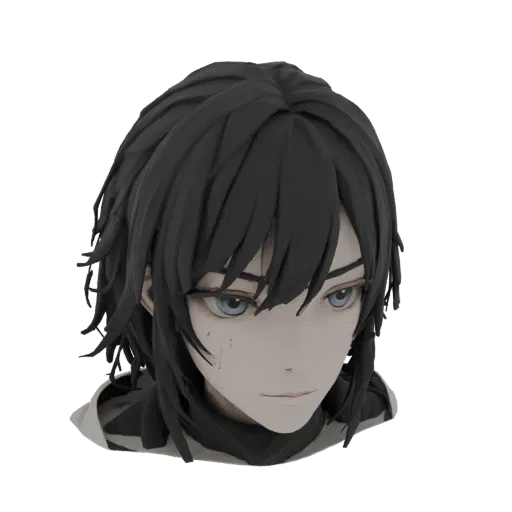 3D model preview of an anime-style male head with dark, messy hair and blue eyes, set against a black background.