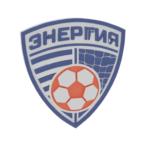 3D model of the Energia soccer emblem, featuring a blue and white shield with a soccer ball and net.