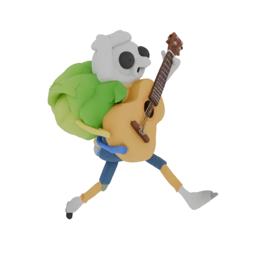 3D-Modell von Finn mit Gitarre aus der Zeichentrickserie "Adventure Time", im Stil von Knetanimation.