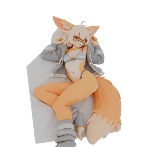 3D model of a cute fox girl with blonde hair, glasses, wearing a bikini and pajama pants, lying on a pillow.
